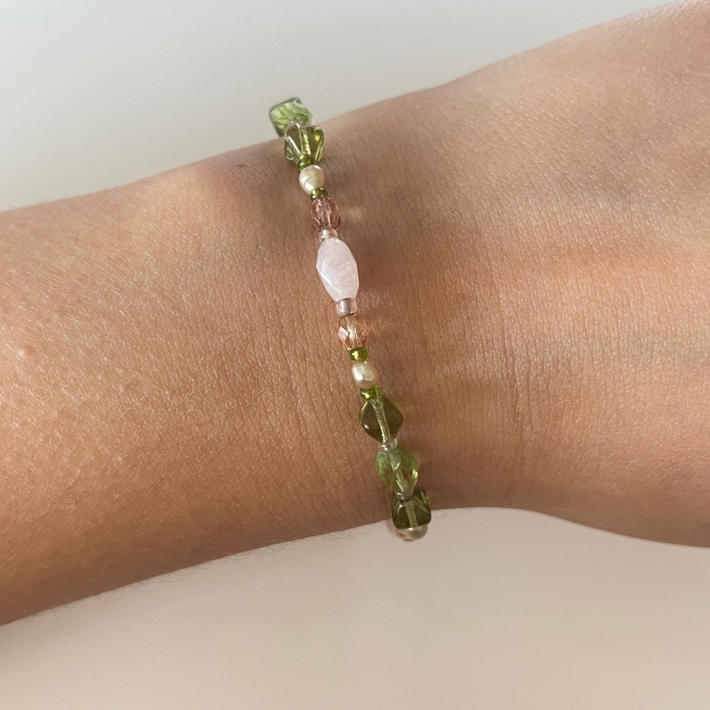Sterling silver pink and green beaded bracelet